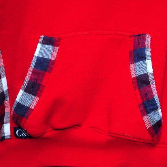 North Conway NH Upcycled Reconstructed Red Hoodie Sweatshirt Med Check Sleeves - Picture 5 of 11